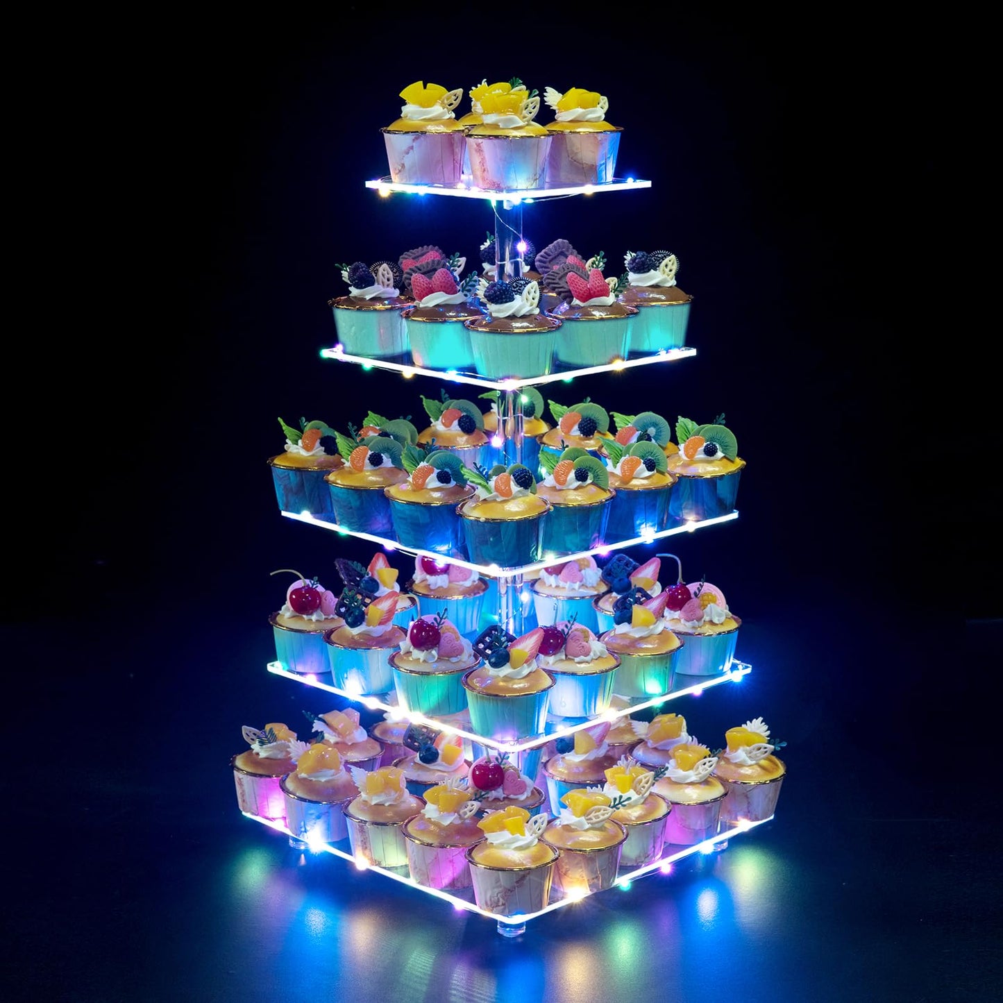 OLACHIKKO Cupcake Stand, 5-Tier Square Cupcake Holder with LED Light String, Acrylic Cupcake Tower Display-Dessert Tower-Pastry Stand-Cupcake Tier Stand for Wedding, Birthday Party (Colorful Light)…