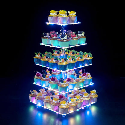 OLACHIKKO Cupcake Stand, 5-Tier Square Cupcake Holder with LED Light String, Acrylic Cupcake Tower Display-Dessert Tower-Pastry Stand-Cupcake Tier Stand for Wedding, Birthday Party (Colorful Light)…