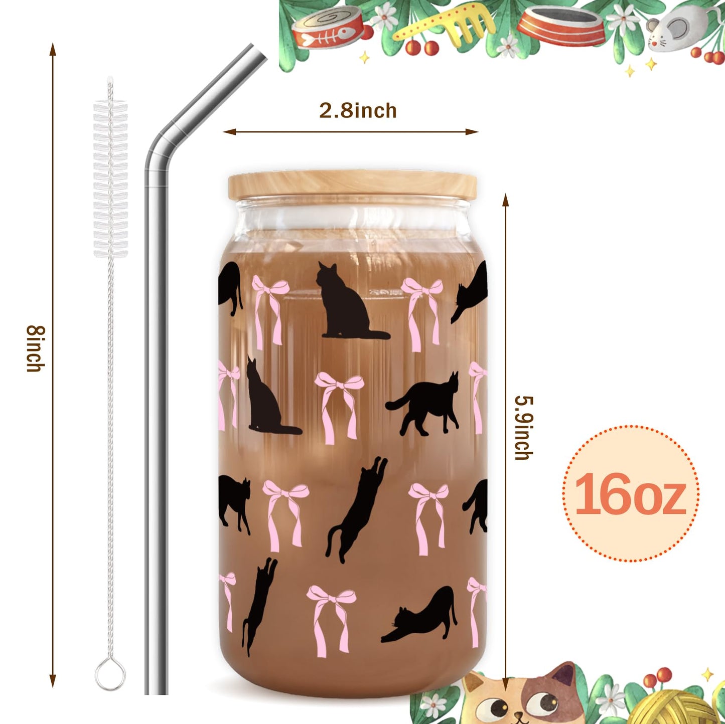 RVEAFA Cute Cat and Bows Iced Coffee Cup Halloween Glass Tumbler Gifts for Women Cat Lovers Gifts for Birthday Halloween Christmas Day, 16oz Glass Cups with Lids and Straw