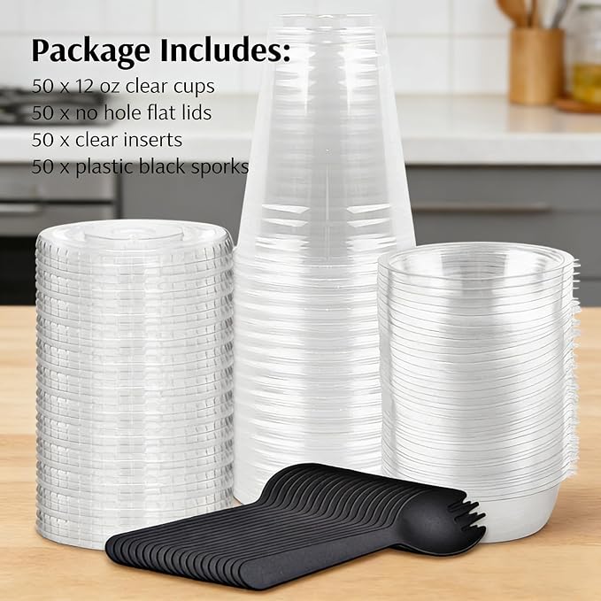 Zezzxu 50 Pack 12 oz Disposable Parfait Cups with Lids No Hole, Toppings Compartment and Spork, Yogurt Conatiner with Granola Holder for Take Away Breakfast and Snacks, No Leaking