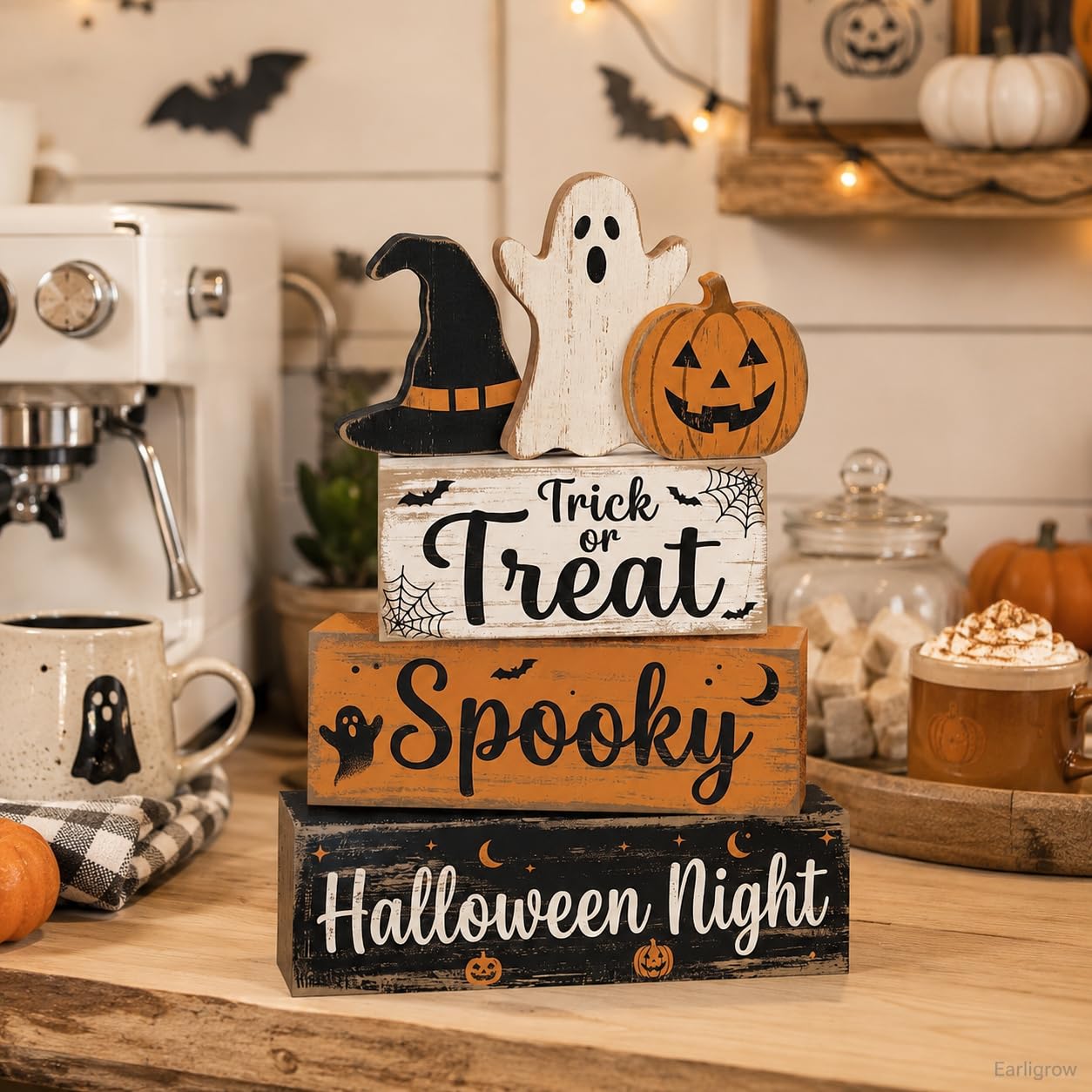 4 Pcs Halloween Decor, Trick or Treat Tiered Tray Decorations, Wooden Block Signs with Ghost Jack-O-Lantern Witch Hat, Farmhouse Rustic Table Centerpiece for Home Kitchen Mantel