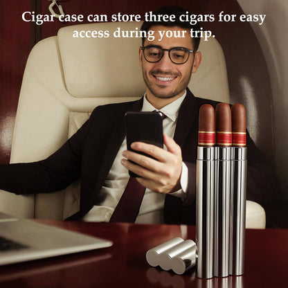OGABEL Cigar Case For 3 Cigars(Ring Gauge 42-50) Stainless Steel, Portable Travel Cigar Tube Holder, Metal Cigar Storage Case for Pocket or Travel, Cigar Accessories Gift for Men Cigar Lovers
