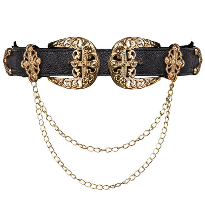 Barry.Wang Women Double Western Belt Vintage Leather Black Belt Gold Buckle Design Elastic Waist Chain Jeans Dresses Cowgirl