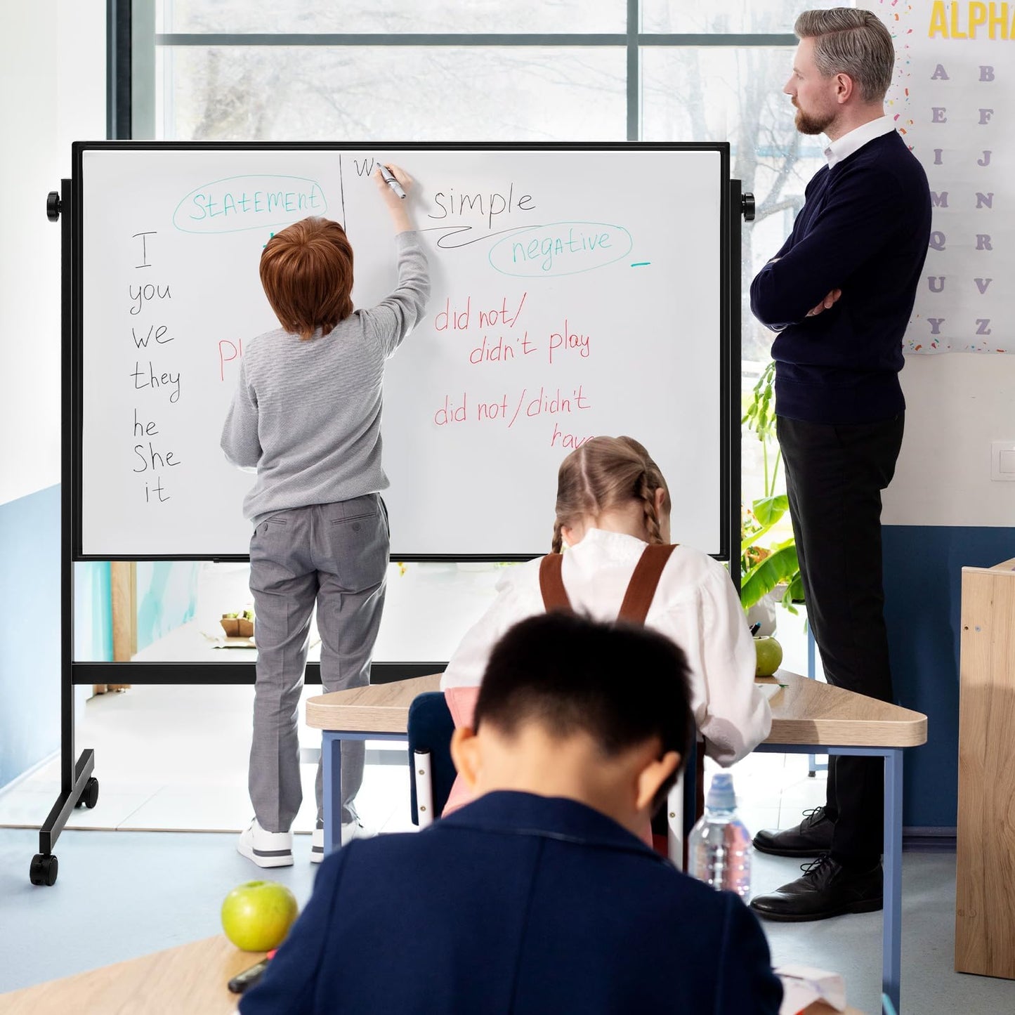 DUMOS Rolling Whiteboard Double Sided 46 x 32 Inches, Magnetic White Board Dry Erase on Wheels, Dry Erase Board with Stand for School, Office and Home, Silver Aluminium Frame, Black