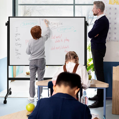 DUMOS Rolling Whiteboard Double Sided 46 x 32 Inches, Magnetic White Board Dry Erase on Wheels, Dry Erase Board with Stand for School, Office and Home, Silver Aluminium Frame, Black