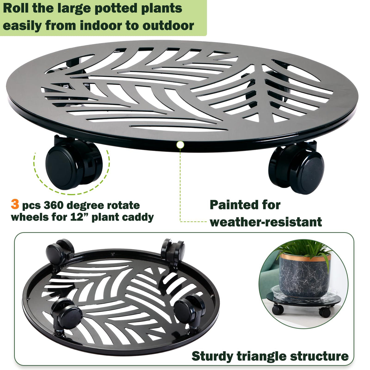 3 Packs 13 inches Large Metal Plant Caddy with PU Wheels Heav-duty Rolling Plant Stands Indoor Outdoor Wheeled Plant Dolly Coasters Flower Pot Mover Rollers Plant Trolley Cart, Plant Saucers Included