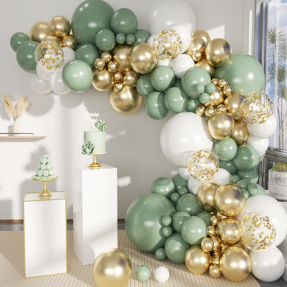 MEBAY Sage Green White Gold Balloon Garland Arch Kit, 146Pcs Latex Balloons Different Sizes 18 12 10 5 Inch for Birthday Baby Shower Gender Reveal Wedding Party Decoration