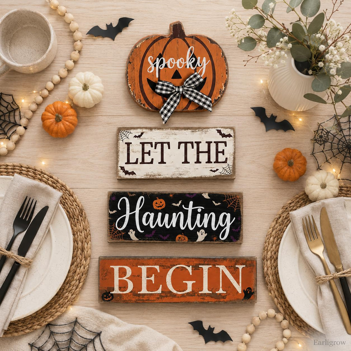 4 Pcs Halloween Table Decorations Pumpkin Bow Tiered Tray Decor Farmhouse Rustic Wooden Block Signs Spooky Halloween tabletop Centerpiece for Home Kitchen Mantel Shelf