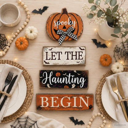 4 Pcs Halloween Table Decorations Pumpkin Bow Tiered Tray Decor Farmhouse Rustic Wooden Block Signs Spooky Halloween tabletop Centerpiece for Home Kitchen Mantel Shelf