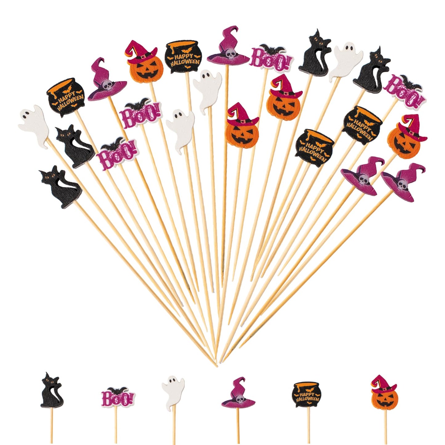 Jiesky 235pcs Halloween Cocktail Picks Halloween Theme cats boo ghosts witch hats pumpkins Bamboo Cocktail Toothpicks Fruit Sticks Sandwich Appetizer Charcuterie Skewers for Halloween Party Supplies