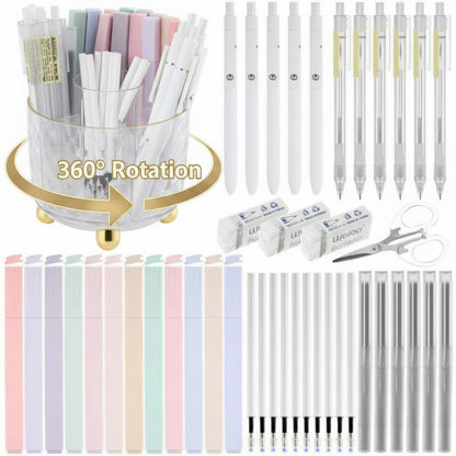 Eersida 44 Pcs Aesthetic School Supplies with 360° Rotating Pen Organizer, Office Supplies, 12 Highlighters, 5 Ink Gel Pens, 6 Mechanical Pencils Set for Stationary Office Desk Accessories(Clear)