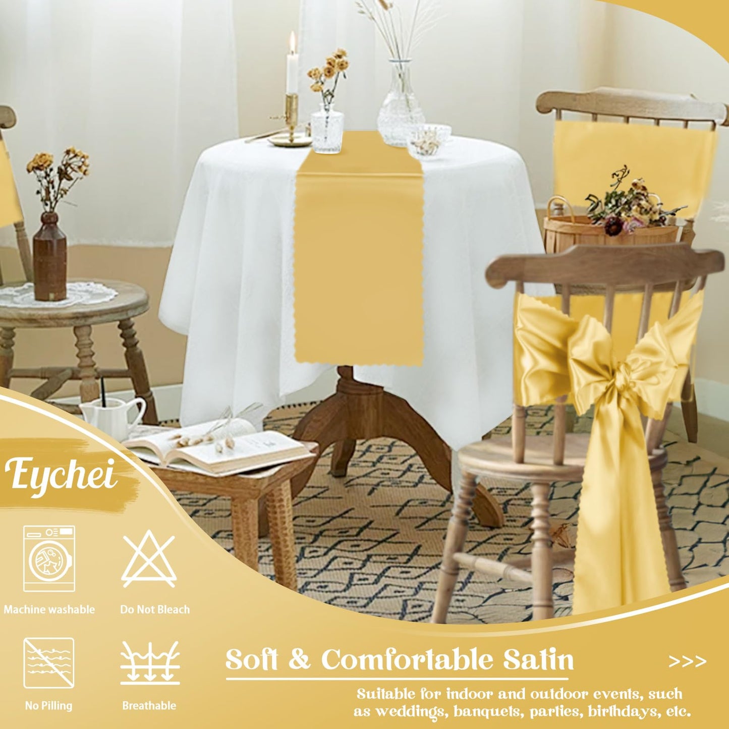Eychei 12pcs Gold Satin Chair Sashes & Bows, 7x108in Chair Bow Ties for Wedding, Party, Banquet, Restaurant, Hotel Events