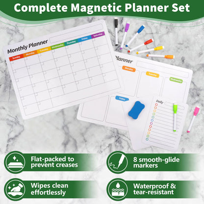 FINDMAG 4 Pack Magnetic Whiteboard for Fridge, 16.5"x11.8" Magnetic Calendar for Planner 2026, Kitchen White Board, Fridge Calendar for Cleaning Schedule and Checklist(1 Eraser, 8 Markers)