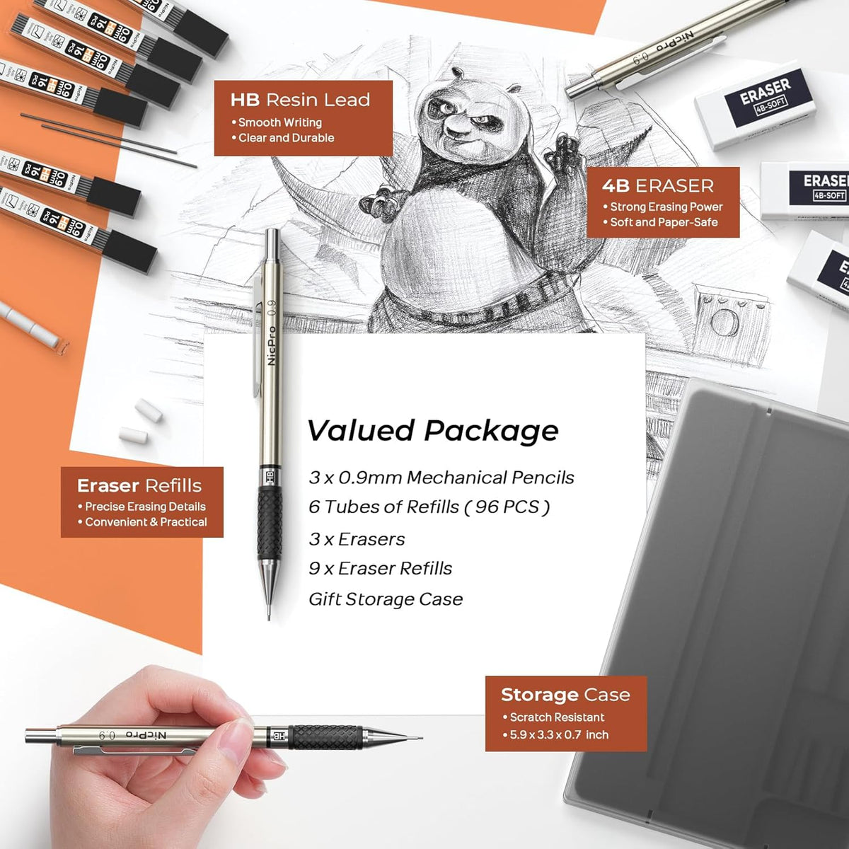 Nicpro RG1000 0.9 mm Art Mechanical Pencil Set in Storage Case, 3 PCS Metal Drafting Pencil Lead Pencil with 6 Tube HB Refills, 3 Erasers, 9 PCS Eraser Refills for Artist Writing, Drawing, Sketching