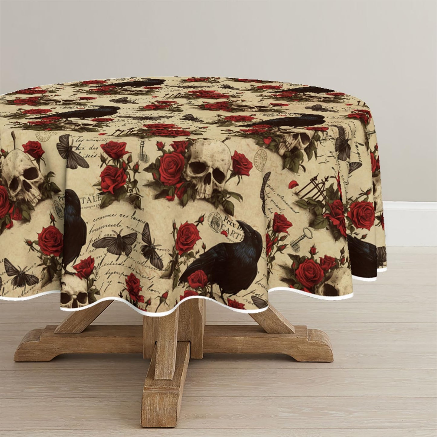 Horaldaily Halloween Tablecloth 70×70 Inch Round, Crow Skeleton Roses Washable Table Cover for Party Picnic Dinner Decor