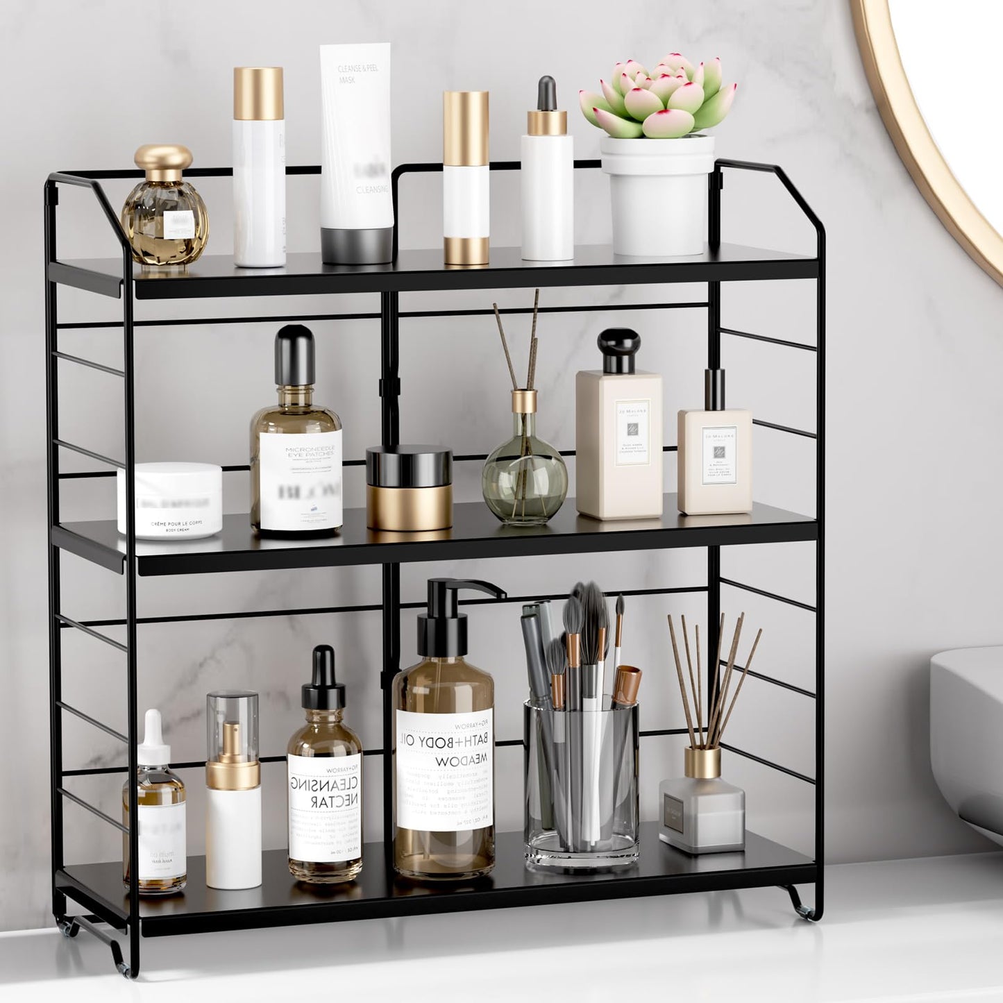 MAYZOLOP Bathroom Counter Organizer, Makeup Organizer Countertop, Countertop Storage Shelf for Bathroom Storage, Vanity, Large Skincare, Perfume, Black 3 Tier