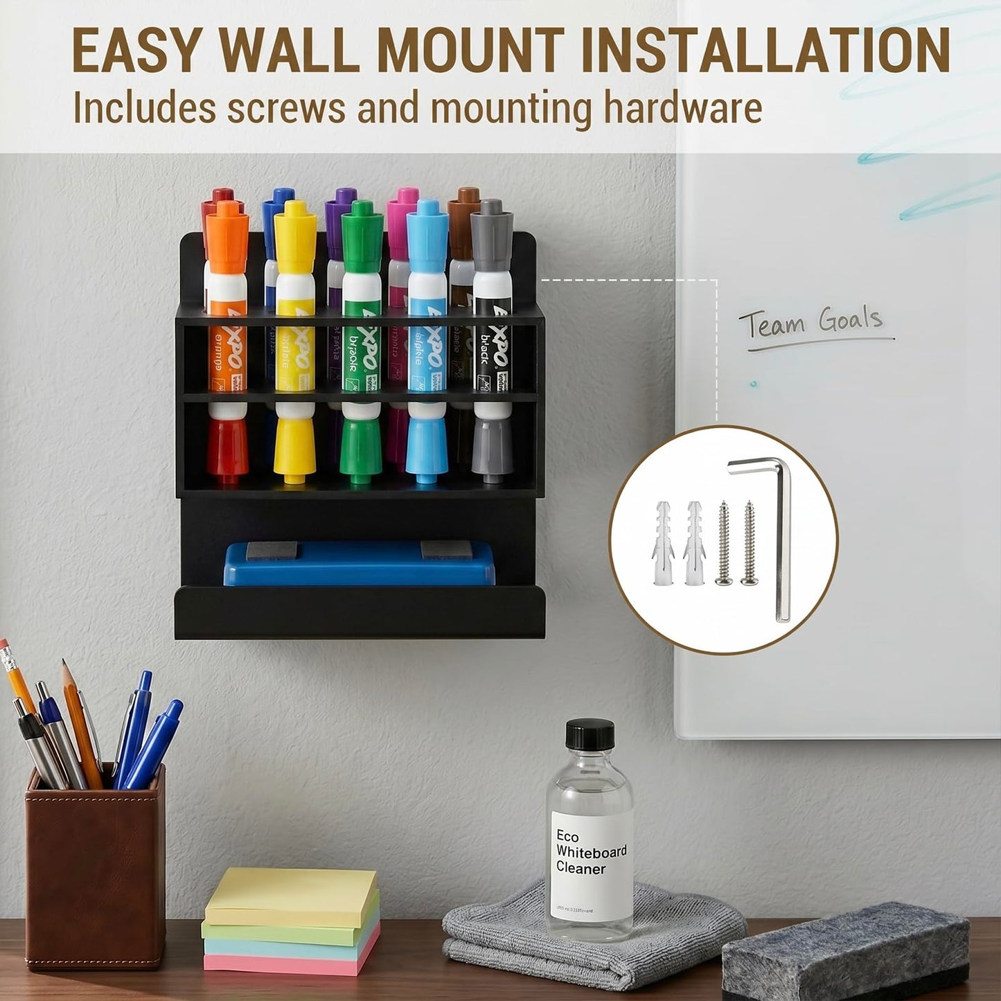 MyGift Dry Erase Marker Holder 10 Slots Whiteboard Marker Holder for Wall Dry Erase Eraser Holder Wall Mount Black