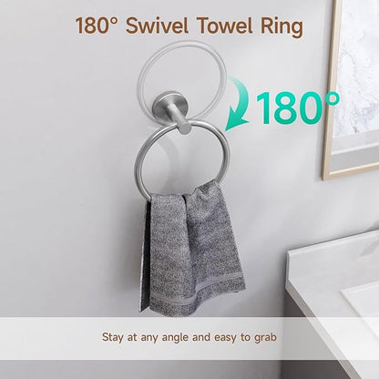 USHOWER Brushed Nickel Bathroom Hardware Set, Modern 24-Inch Towel Bar Set Wall Mounted, Durable SUS304 Stainless Steel Bathroom Accessories Set, 8-Piece