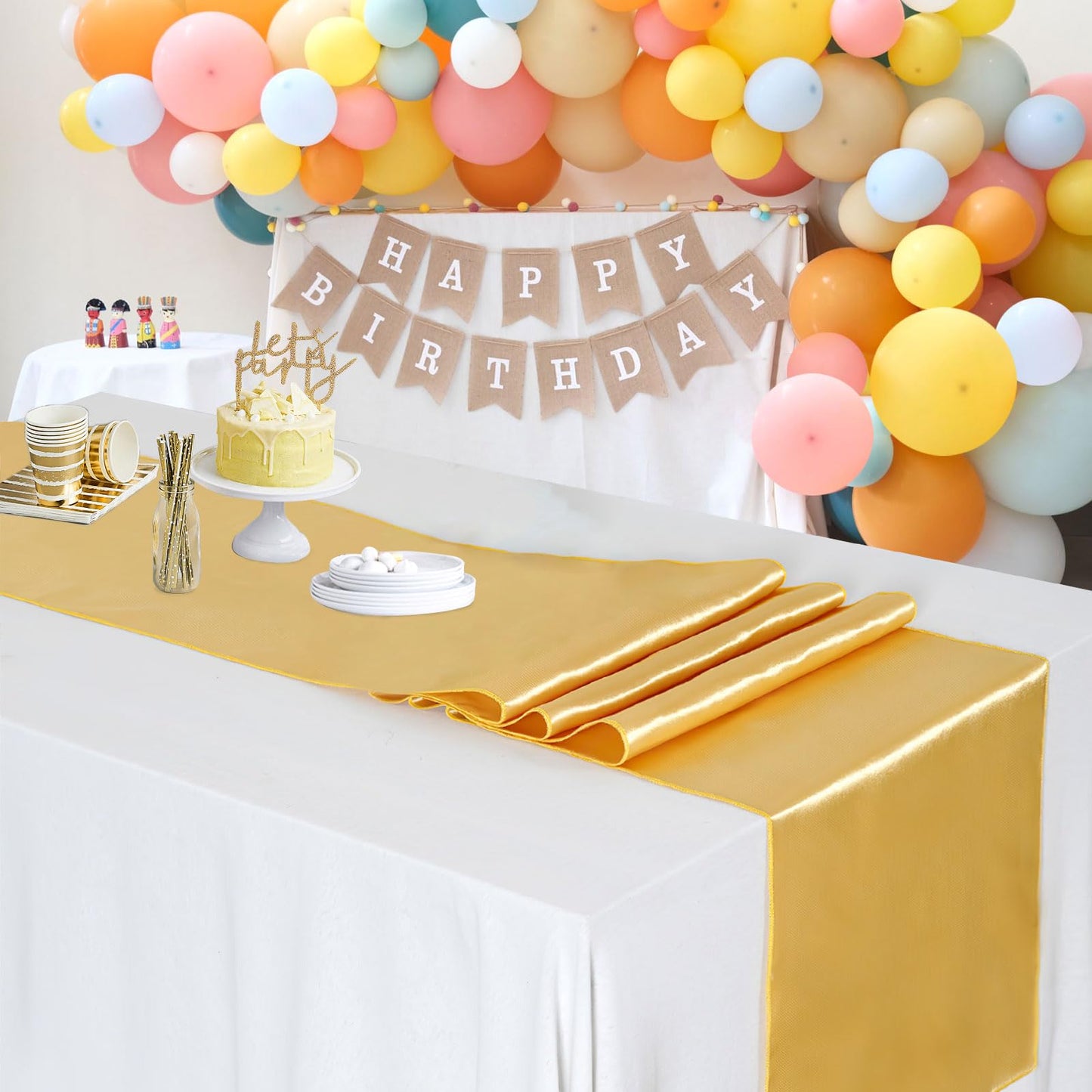 Set of 5 Satin Table Runners Gold 12x108 inch Table Runner for Party Wedding Reception Banquet Decoration Bright Silk Smooth Fabric Party Chair Sashes