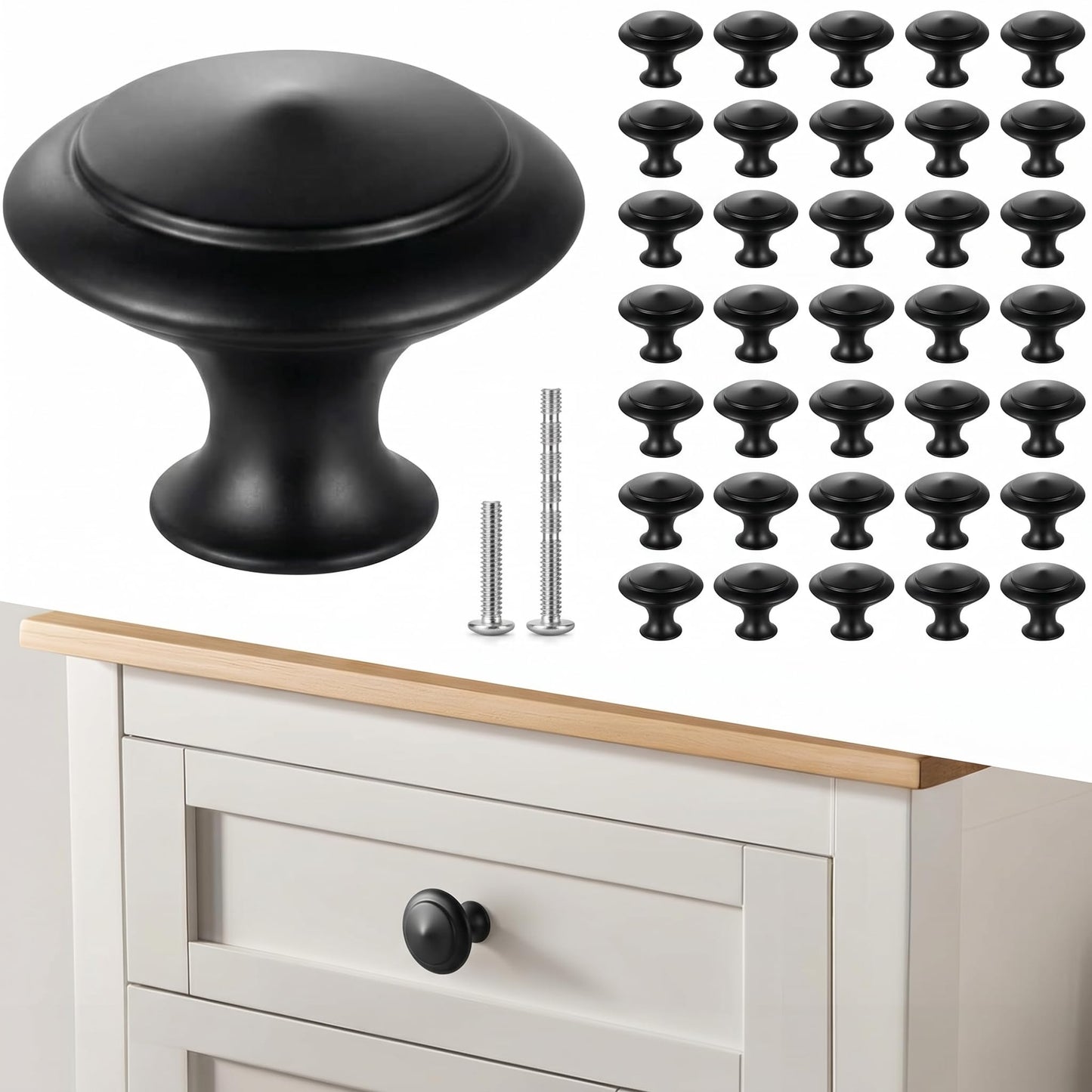 BEIUTAO 35 Pack Cabinet Knobs 1-1/4 Inch (30mm), Matte Black Round Drawer Knobs, Stainless Steel Top & Zinc Alloy Base Kitchen Cabinet Hardware for Dresser, Bathroom Cabinets (Screws Included)