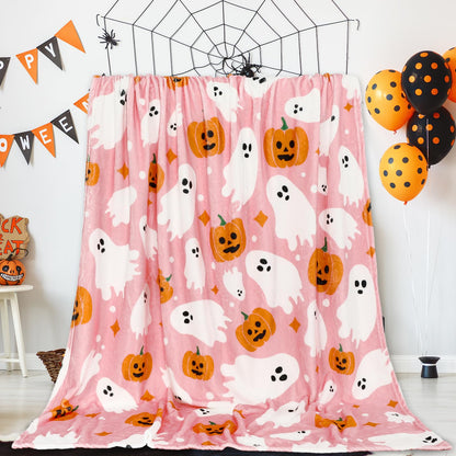 JarThenaAMCS Halloween Fuzzy Flannel Blanket 60 x 50 Inch Ghost Pumpkin Throw Blanket Pink Soft Blankets for Farmhouse Home Chair Sofa Couch Bed