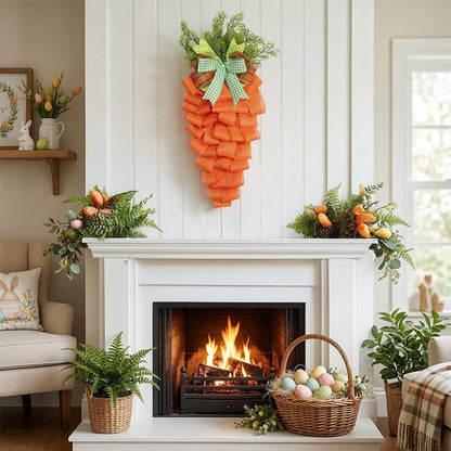Easter Carrot Wreath Spring Decoration for Front Door, Rustic Stairway Swag Garland with Bow for Window Decor Party Supplies