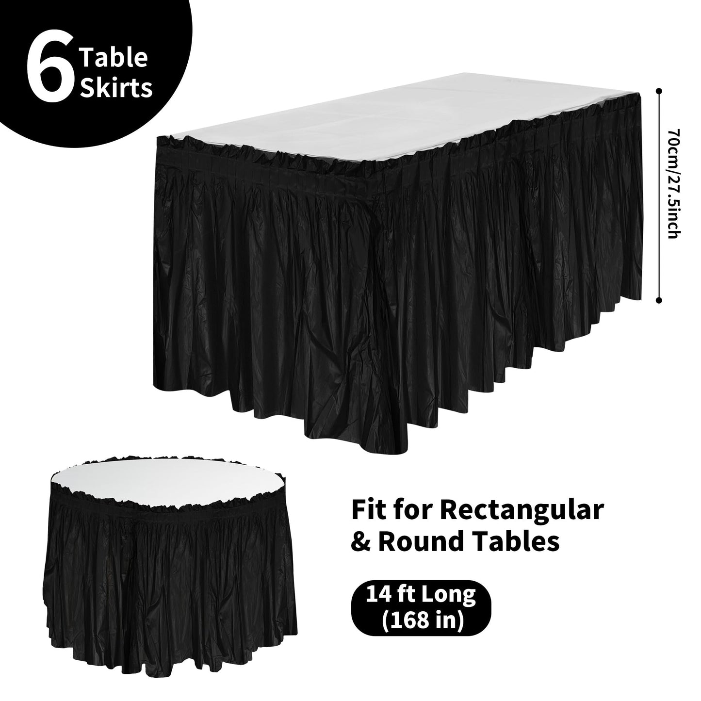 Axigundaone 6 Pcs Plastic Black Table Skirts for Rectangle Tables, Disposable Table Skirts with Adhesive Strip, 28 Inch x 14 Ft Rectangular Table Skirts for Party, Wedding,Banquet