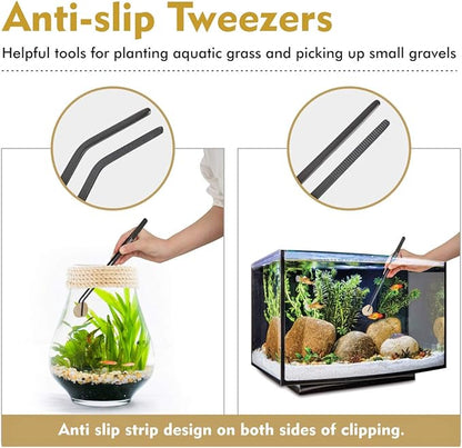 hygger Long Stainless Steel Premium Aquarium Tools, 4 PCS Aquatic Plant Tweezers Scissors Spatula Kits Comes with 1 Cleaning Cloth, for Fish Tank Starters