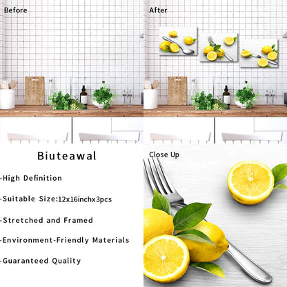 Biuteawal Grey and Yellow Kitchen Wall Art Fruit Lemon Painting with Fork Knife Spoon Kitchenware Picture Prints Dining Room Restaurant Decoration Framed