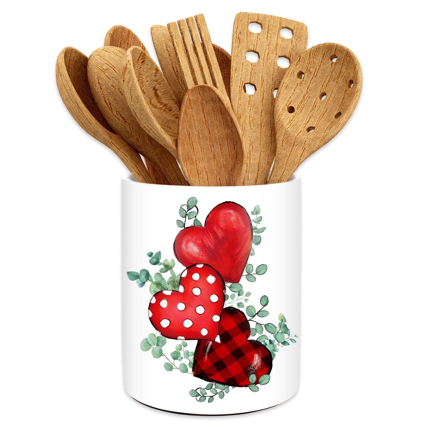JarThenaAMCS Valentine's Day Ceramic Utensil Holder Green Leaves Red Heart Utensil Crock for Wedding Home Kitchen Countertop Storage Organizer Container