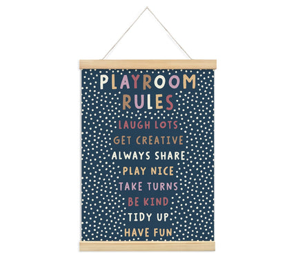 Playroom Kids Tollder Room Wall Decor, Play Room Rules Wall Decor for Kids Play Game Room Bedroom Nursery Home School Playroom Essentials, Canvas Hanging Banner Wood Poster Frameds(navy)