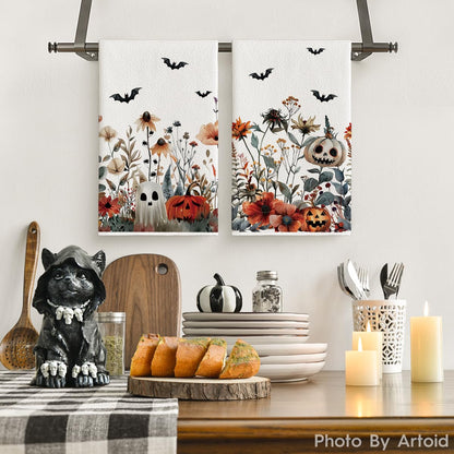 Artoid Mode Ghost Pumpkins Bats Floral Spooky Halloween Kitchen Towels Dish Towels, 18x26 Inch Jack-O'-Lantern Decoration Hand Towels Set of 2