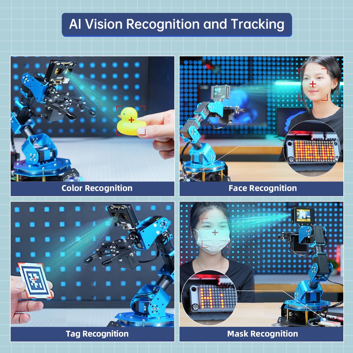 AI Vision & Voice Interaction Smart Robotic Arm for Arduino Scratch Python 6DOF Robot Arm STEM Project Educational Robot & Engineering Kits, Science/Coding/Programming Set, xArmAI Advanced Kit