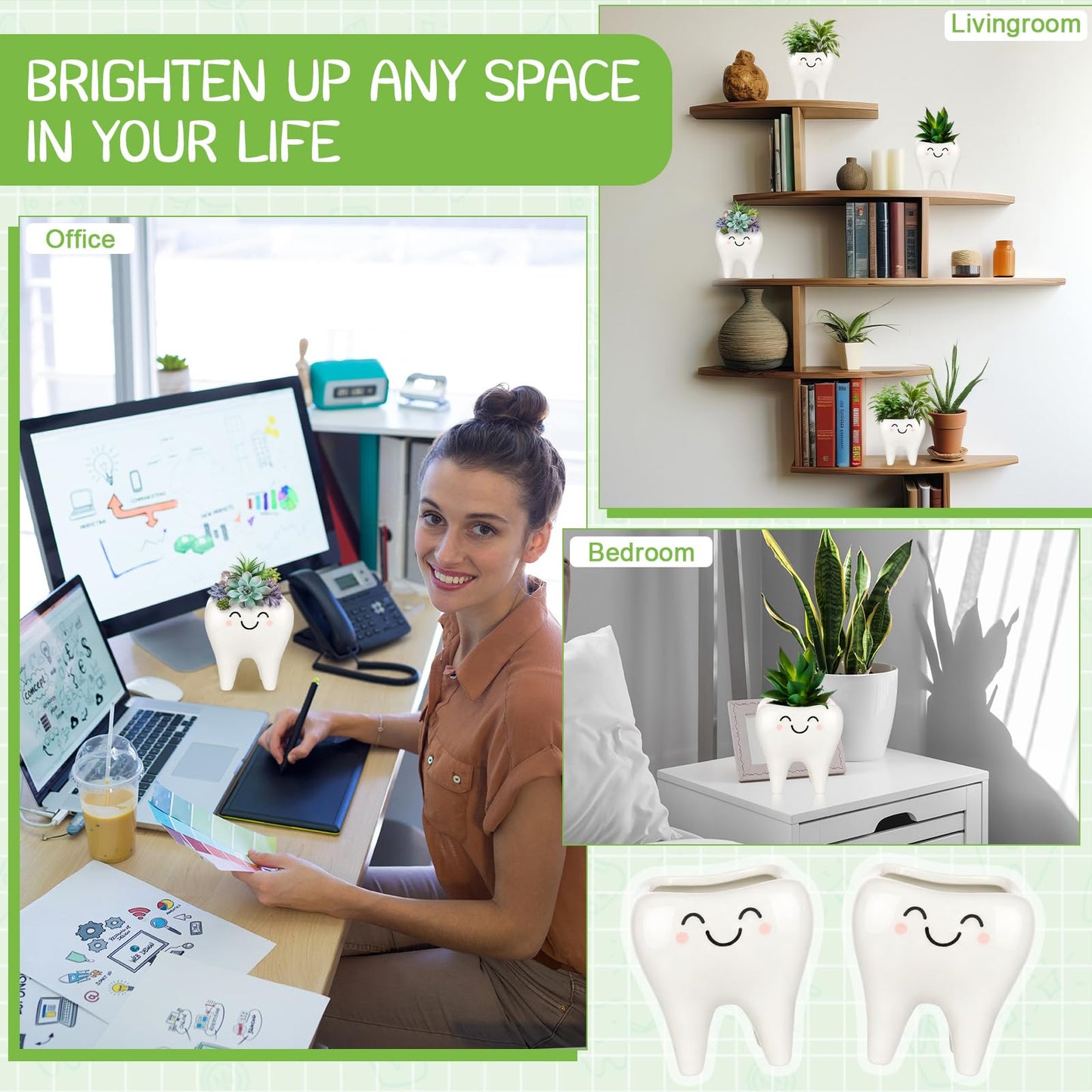 FoldTier Dental Hygienist Gifts Cute Tooth Shaped Planters Ceramic Succulent Cactus Flower Pot Funny Mini Office Pen Holder for Dental Assistant Graduation Accessories Dentist Office Decor(4 Pcs)
