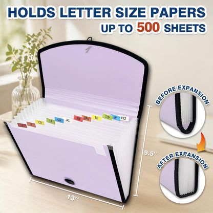 H4D 13-Pocket Accordion File Organizer with Mesh Pocket, Expanding File Folder with Tabs, Expandable Document Organizer for Home Office School, Letter Size, Pale Lilac