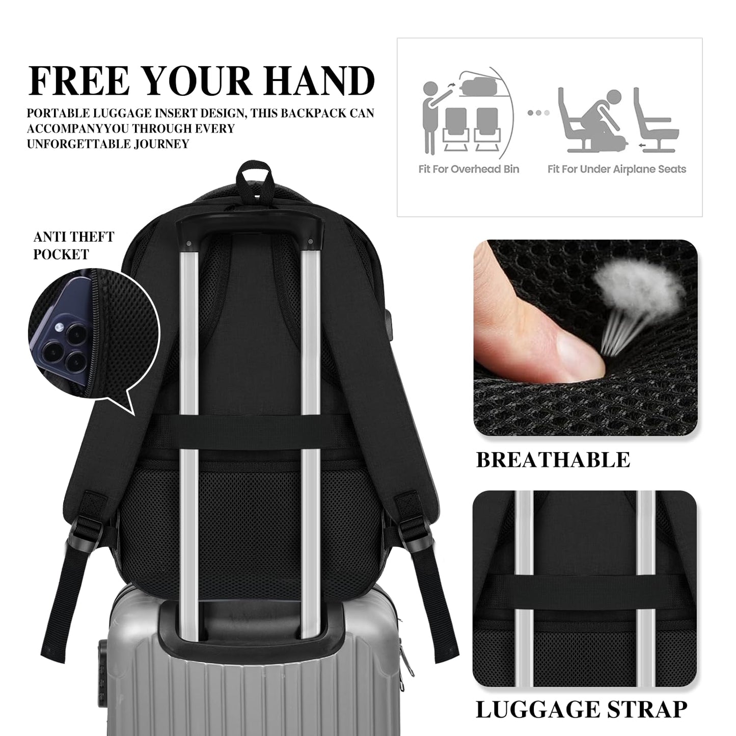 Backpack for Women Men, School Backpack for Boys Girls Teens, 17.3 Inch Laptop Backpack with Reinforced Straps, College Middle High School Bookbag, Water Resistent Business Mochila para hombre, Black