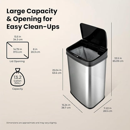 Ninestars 13 Gallon Automatic Trash Can, 50L Touchless Motion Sensor Garbage Can with Odor-Sealing Lid, Rectangular Stainless Steel, Black Trim