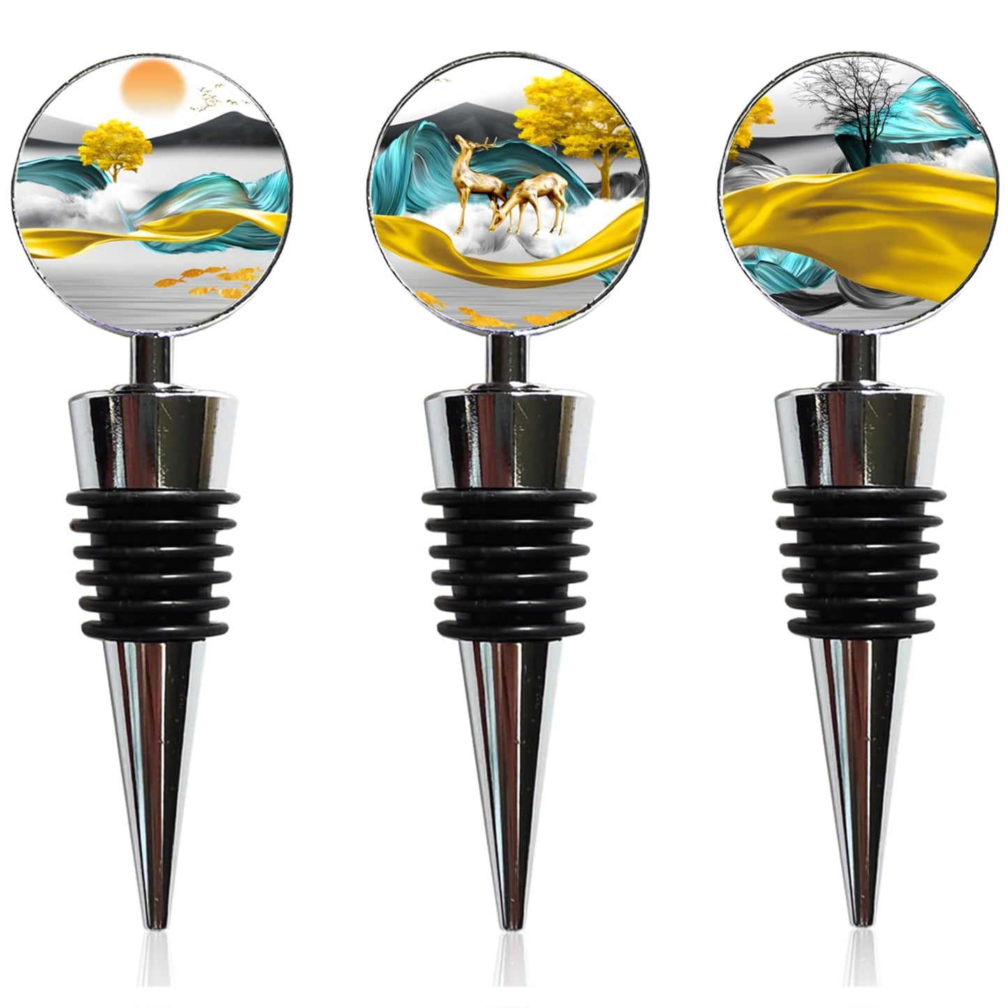 Lockban Wine Bottle Stoppers, Set of 3 Stainless Steel Wine Stoppers with Decorative Art, Wine and Beverage Bottle Corks for Gifts, Bar, Wedding, Holiday Party (Light Luxury Deer)