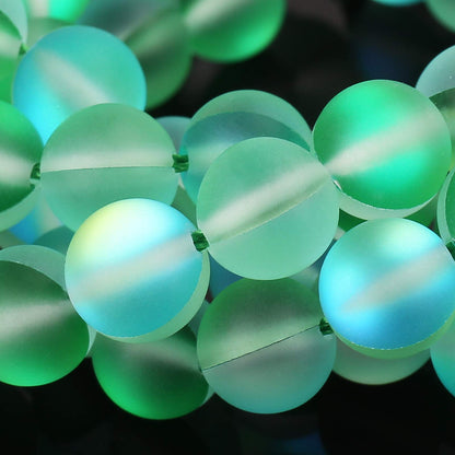 Matte Green Aurora Crystal Glass Beads, 10MM Frosted Glitter Shining Mermaid Round Loose Beads, Rainbow Holographic Synthetic Moonstone for Jewelry Making DIY Bracelet