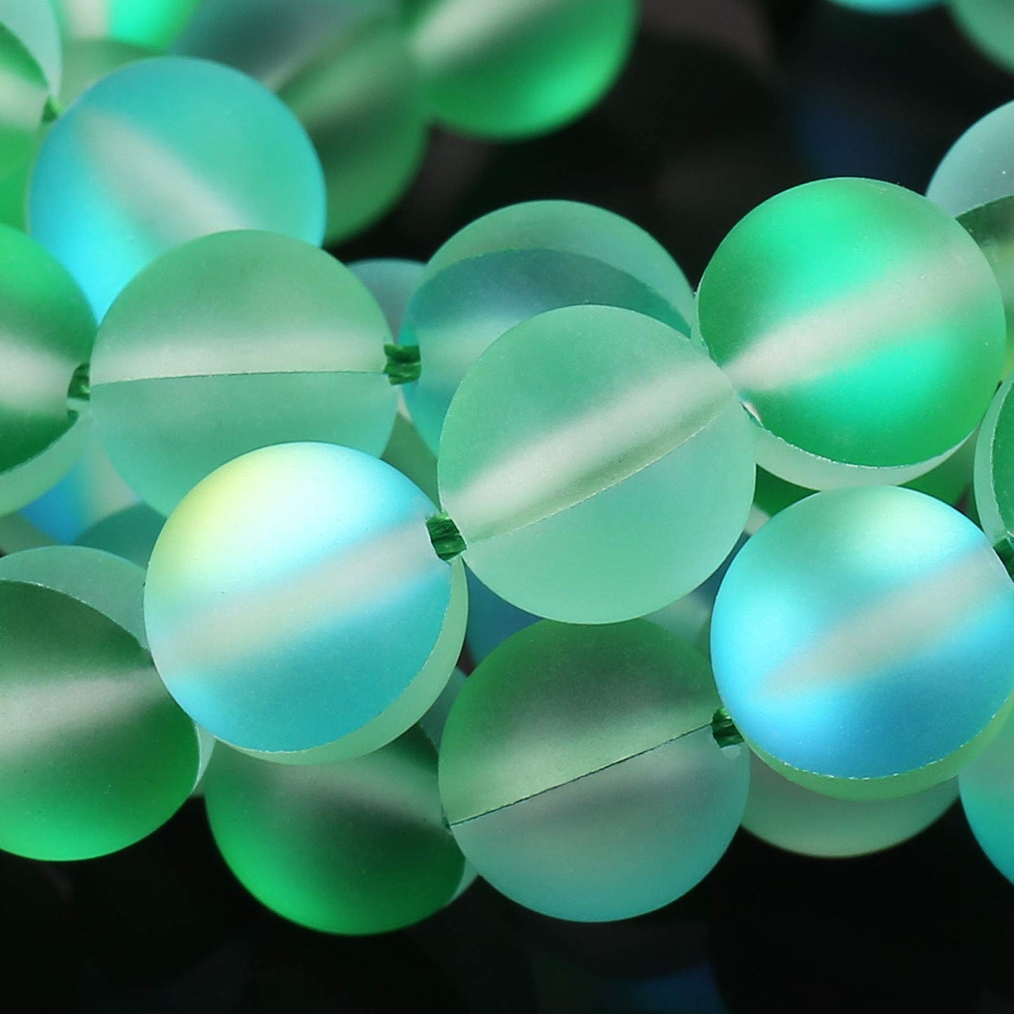 Matte Green Aurora Crystal Glass Beads, 8MM Frosted Glitter Shining Mermaid Round Loose Beads, Rainbow Holographic Synthetic Moonstone for Jewelry Making DIY Bracelet