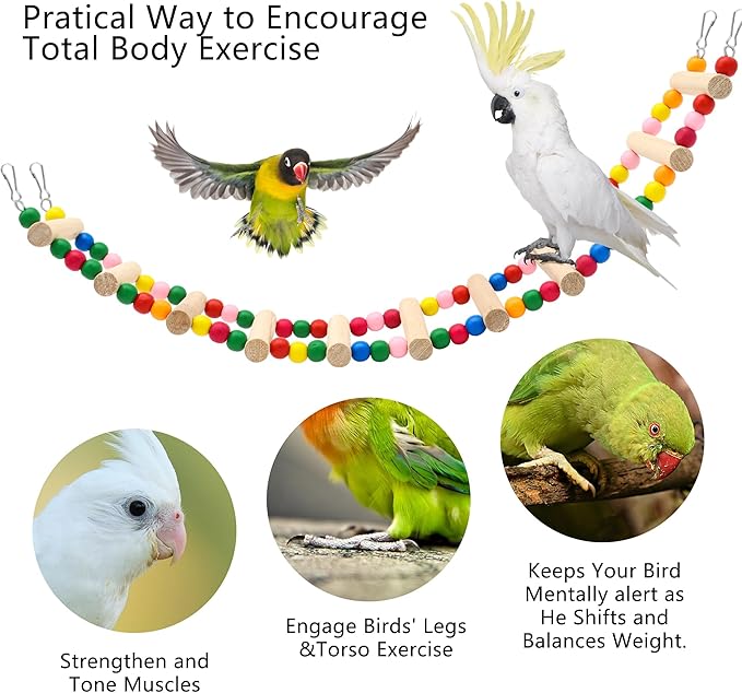 11-Step Bird Ladder Bridge,21.26 x 3.15 inches Raw Wood and Edible Dye,Pet Hamster Climbing Ladder Swing Toys Suitable for Small to Medium Birds,Bird Cage Accessories (11 Ladders)