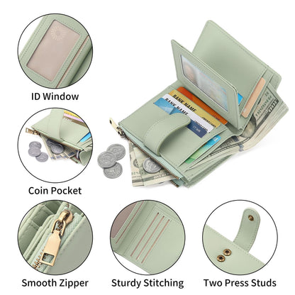 GAEKEAO Small Wallet Women Vegan Leather RFID Blocking Bifold Ladies Compact Card Holder with Zipper Pocket & ID Window