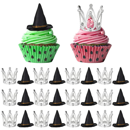 shuielai 24 Pcs Witch Hat & Crown Cake Topper, Mini Wizard Hats Silver Crown Cupcake Toppers, Wicked Witch Birthday Party Decorations & Princess Cake Accessories for Party Supplies & DIY Crafts