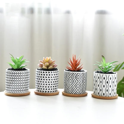 Succulent Pots, 3.5 Inch Small Succulent Planters with Drainage for Plants Live, Hand-Painted Ceramic Pot Flower Pots Bonsai Pots with Bamboo Tray, Unique Gifts for Women/Men, 4 Pack (Geometry-2)