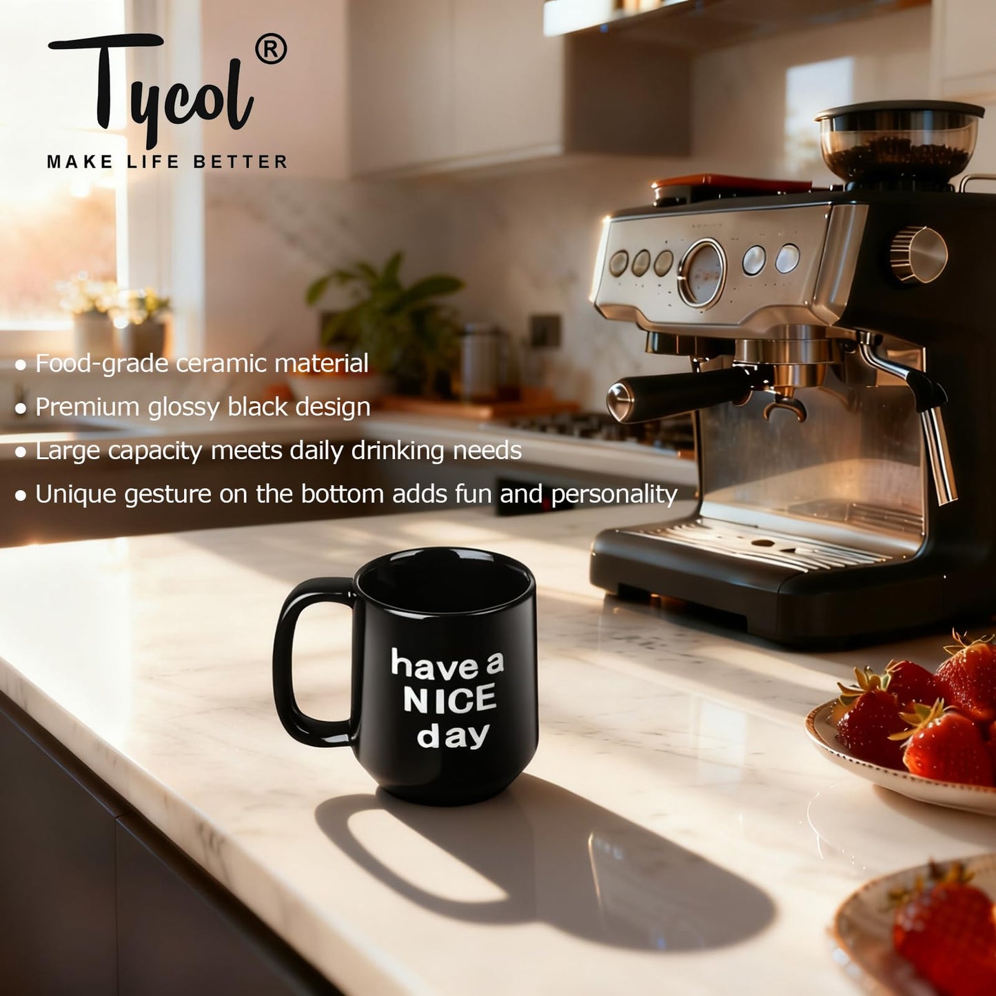 Tycol Funny Ceramic Coffee Mug Have a NICE Day Cup Black 16 Oz with handle for Adults, Christmas Gift, Party, Birthday, Flat bottom with warmer compatible, Novelty Mug