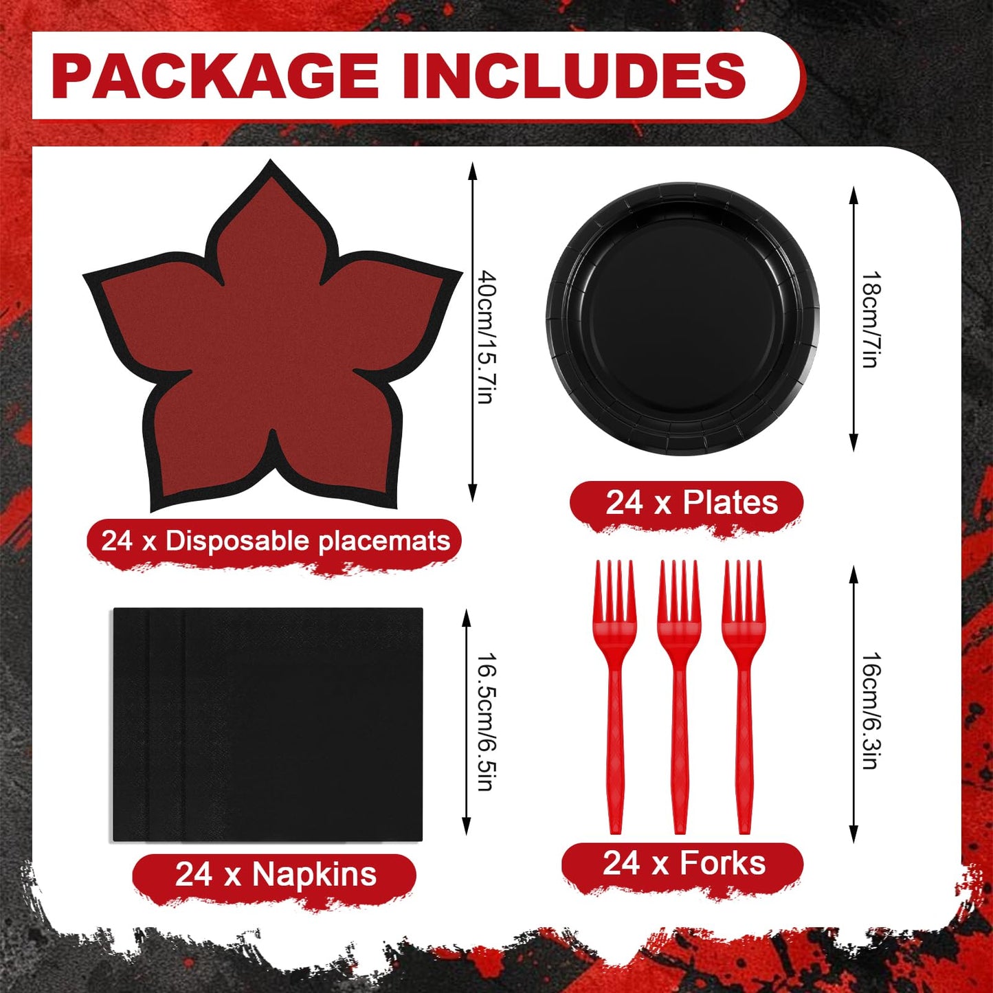 Yungyan 96 Pcs Spooky Rustic Black and Red Birthday Party Supplies Tableware Set Plates, Forks, Napkins and Flower Disposable Placemats for Gothic Birthday Spooky Theme Fiesta Party Decorations Serves