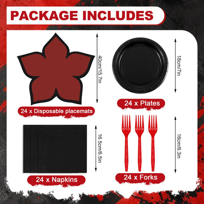 Yungyan 96 Pcs Spooky Rustic Black and Red Birthday Party Supplies Tableware Set Plates, Forks, Napkins and Flower Disposable Placemats for Gothic Birthday Spooky Theme Fiesta Party Decorations Serves