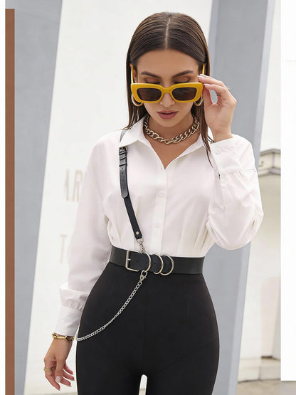 Women's Adjustable Waist Belt with Shoulder Strap & Chain – Faux Leather Fashion Belt with Alloy Ring – Streetwear Layering Accessory for Festival Photoshoot Performance Outfit (Fit Waist 21.5-36.0in)