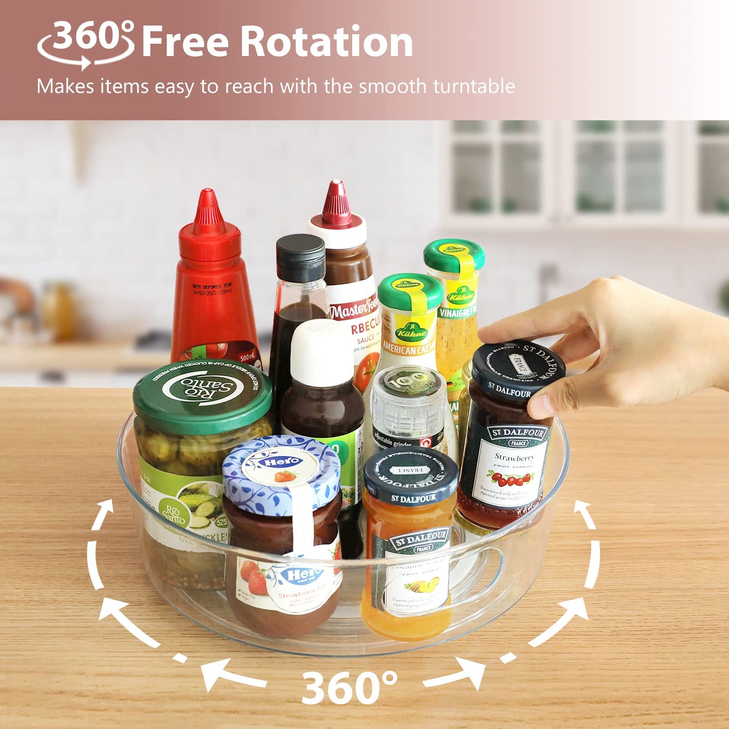 4 Pack Lazy Susan Organizer for Cabinet, Upgraded 11.5" Clear Turntable Organizer with Handles and Raised Edge, Rotating Lazy Susan Spice Storage for Kitchen, Pantry, Refrigerator, Bathroom, Table