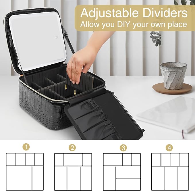 Relavel Makeup Train Case With LED Mirror, Professional Travel Cosmetic Bag with Removable Partitions,Compact Makeup Organizer, Waterproof Toiletry Case for Women, Black